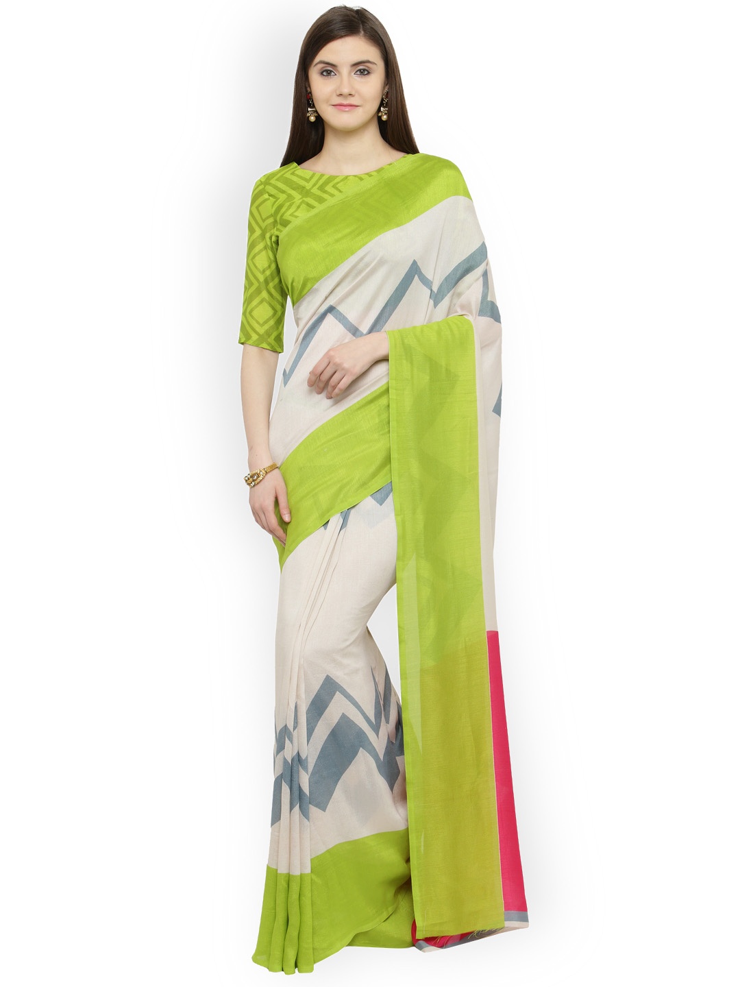 

Shaily Beige & Green Silk Cotton Printed Saree