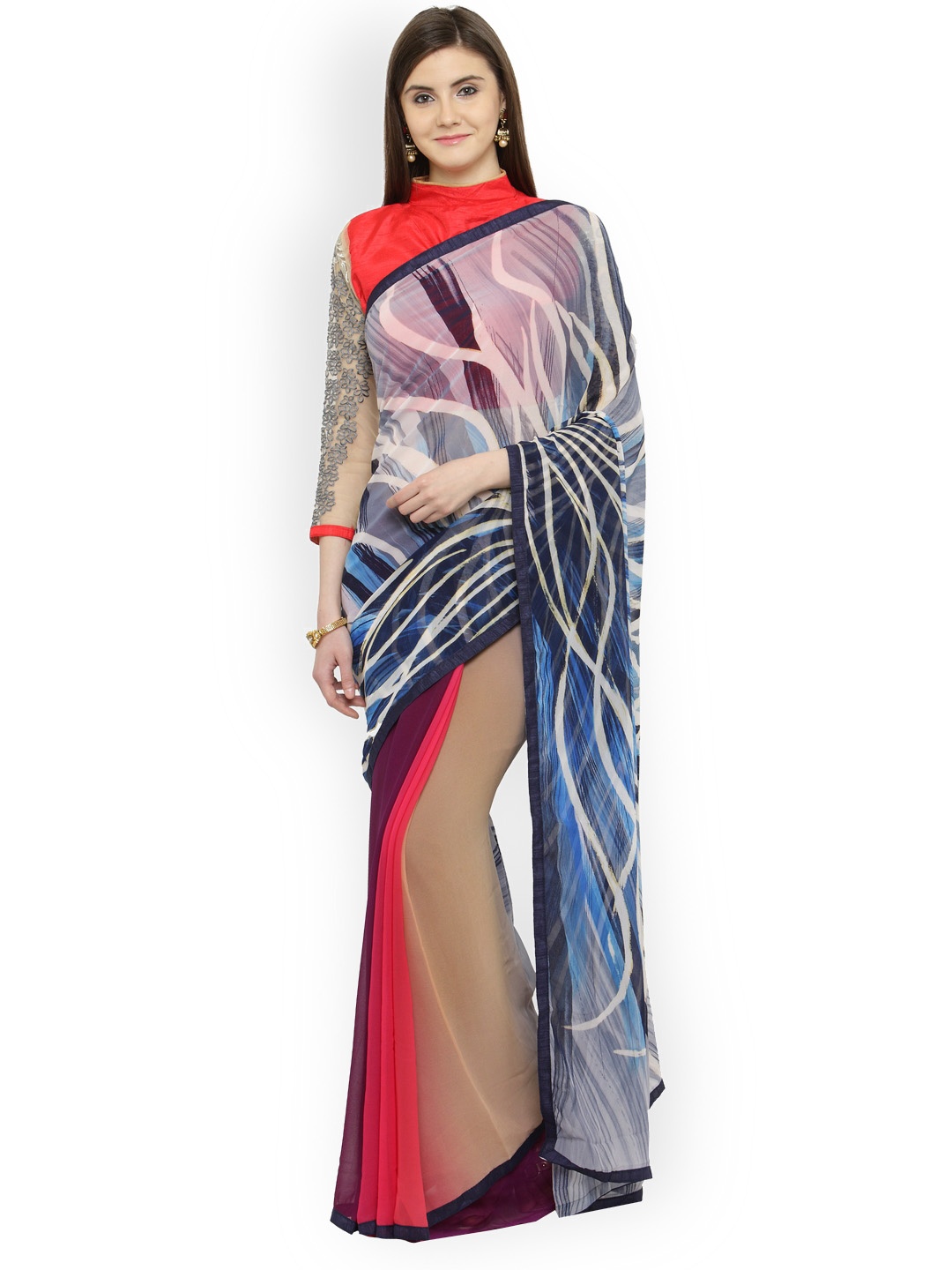 

Shaily Blue & Beige Pure Georgette Printed Saree