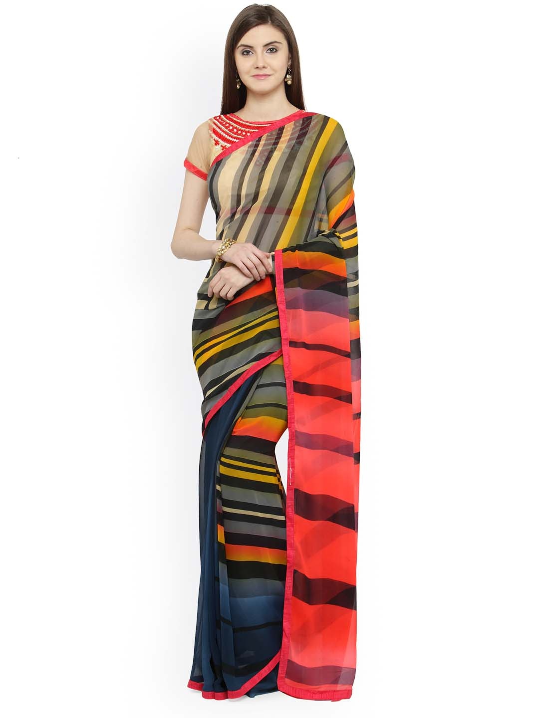 

Shaily Grey & Red Pure Georgette Striped Saree