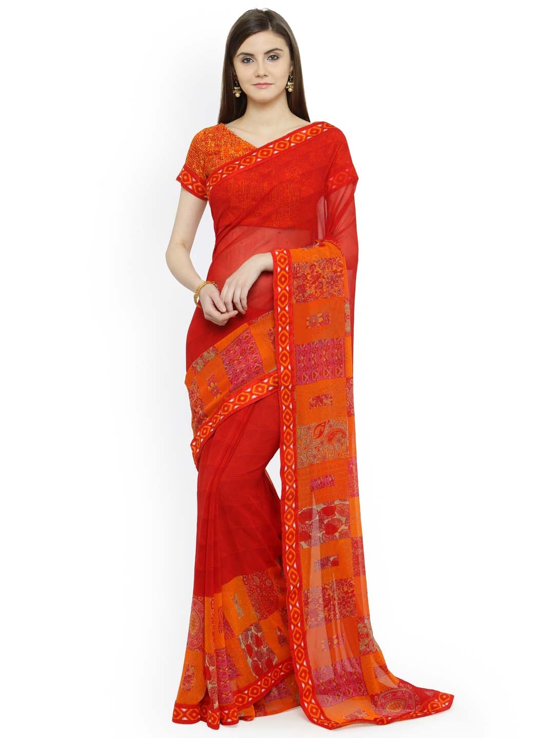 

Shaily Red & Yellow Pure Georgette Printed Saree