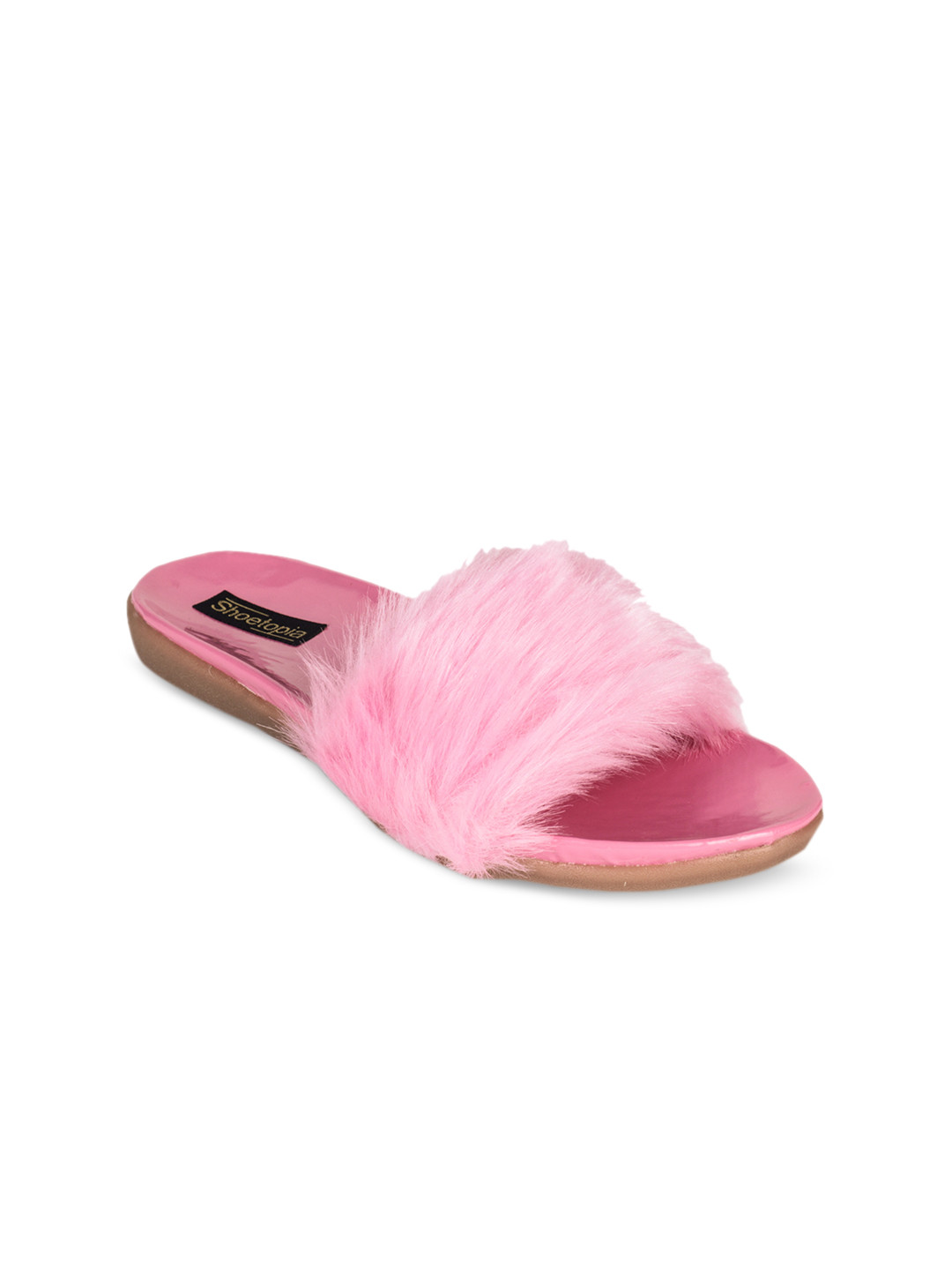 

Shoetopia Women Pink Solid Faux Fur Slip-On Sandals