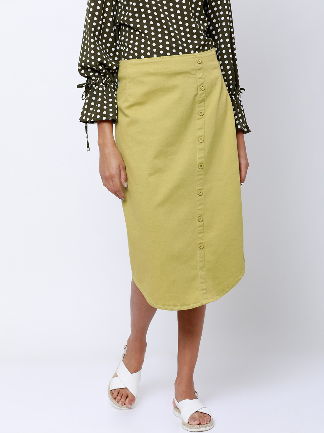 

Tokyo Talkies Lime Green Solid Straight Pure Cotton Skirt