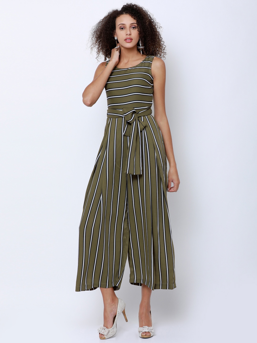 

Tokyo Talkies Olive Green & White Striped Culotte Jumpsuit