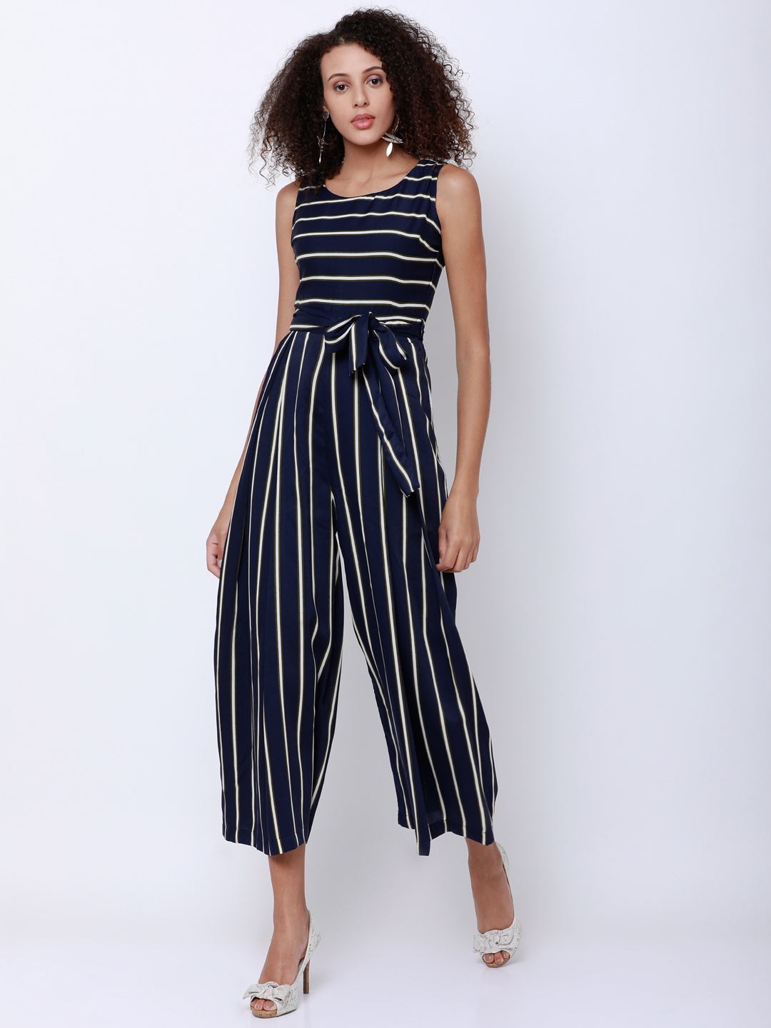 

Tokyo Talkies Navy Blue & White Striped Culotte Jumpsuit