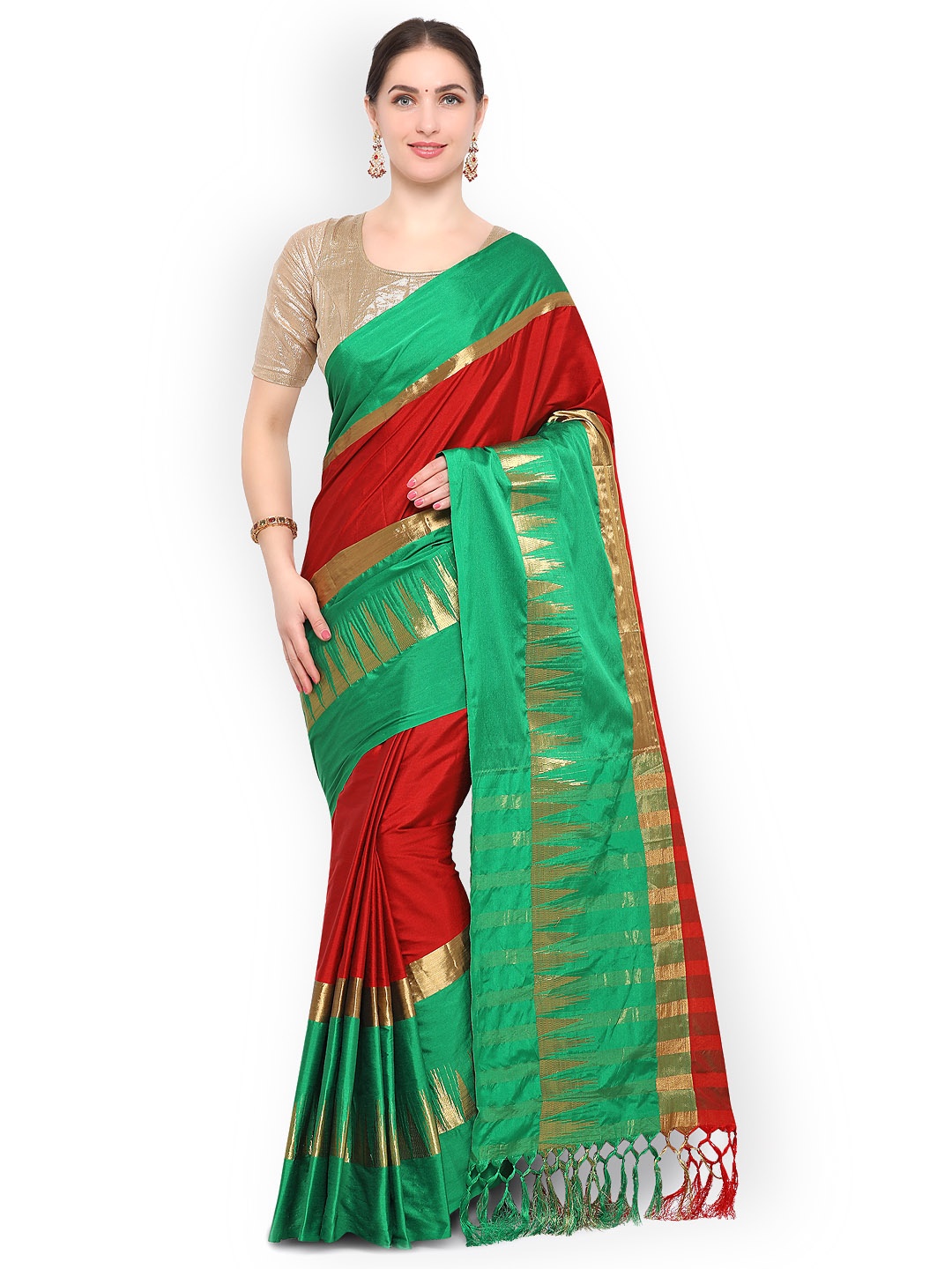 

Saree mall Red & Green Silk Cotton Solid Banarasi Saree