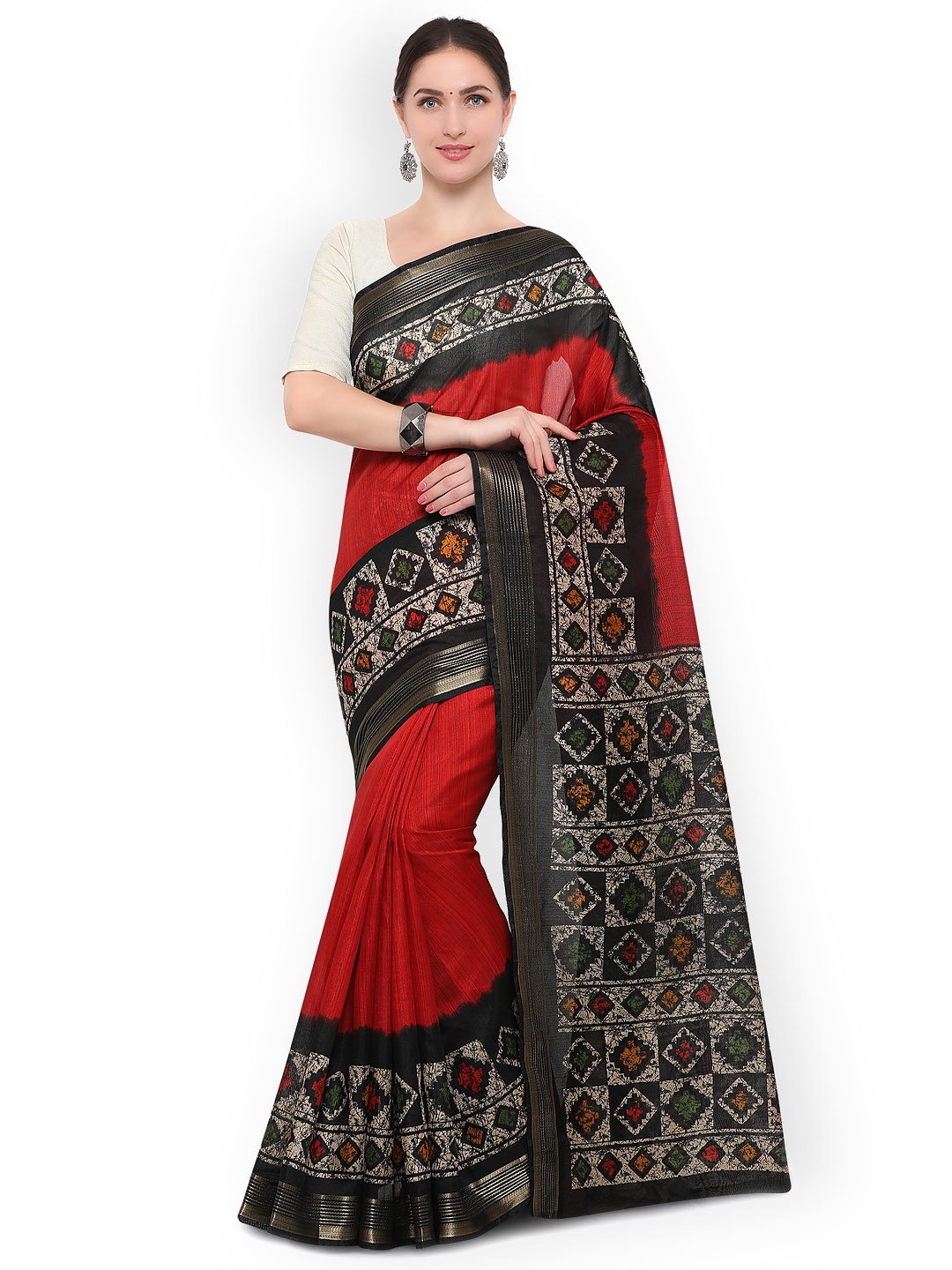 

Saree mall Red & Black Art Silk Printed Ikat Saree