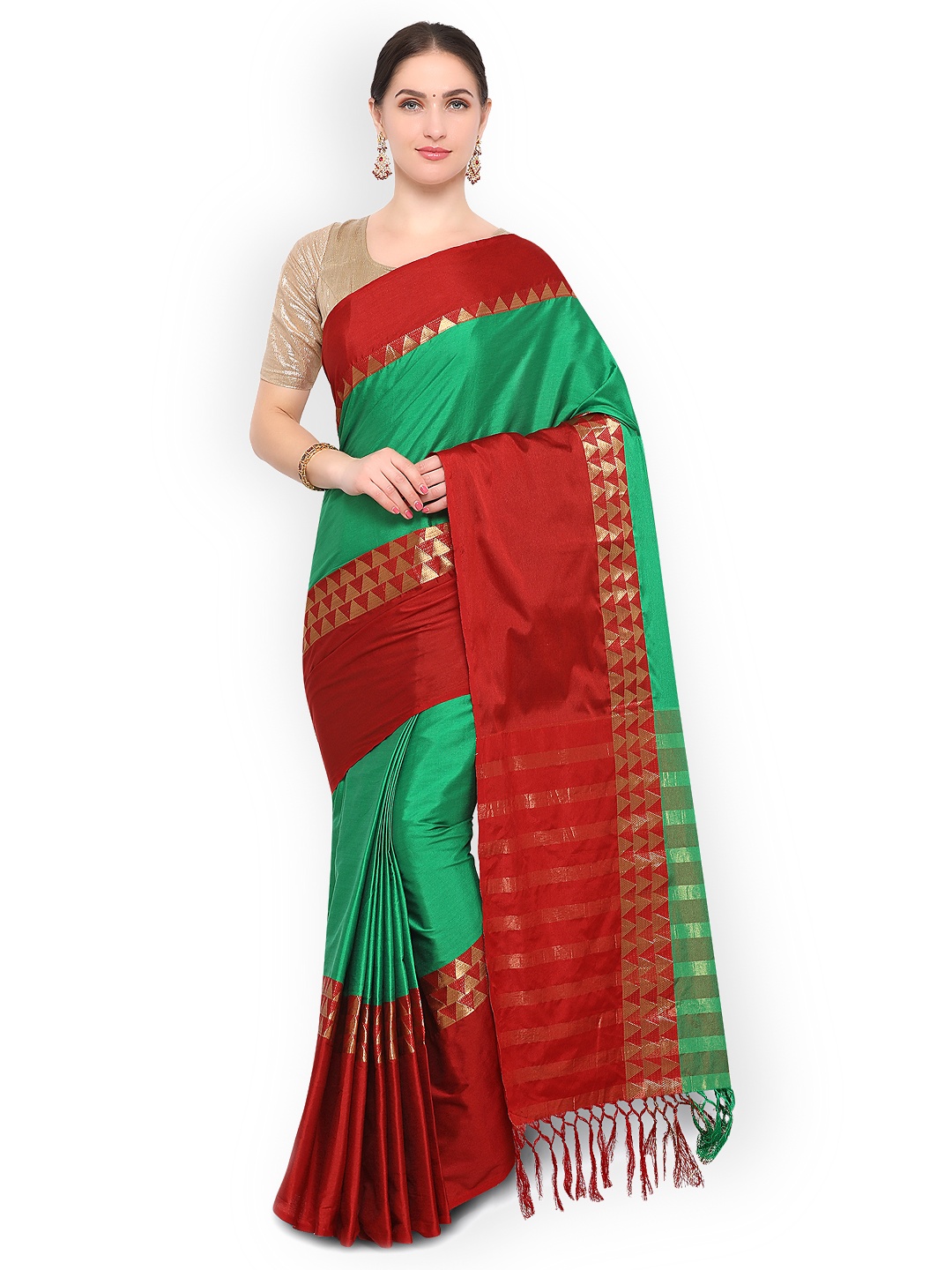 

Saree mall Green & Red Silk Cotton Solid Banarasi Saree