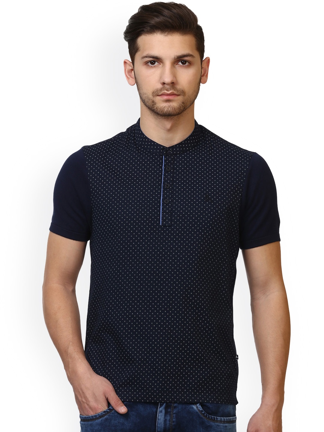 

Parx Men Navy Blue Printed Henley Neck T-shirt