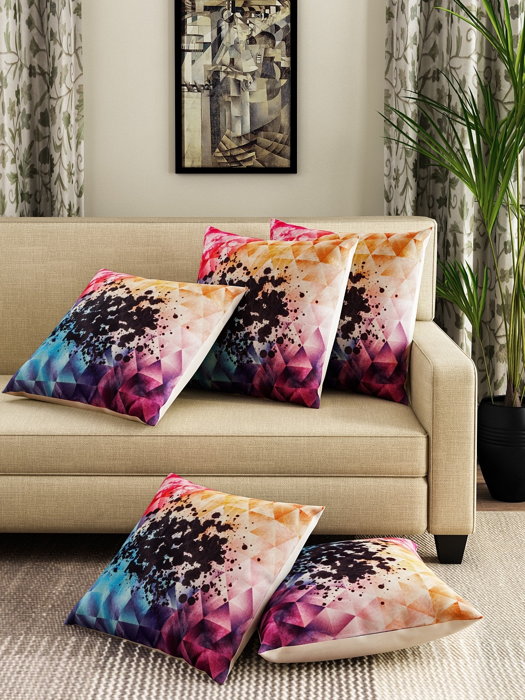 

ROMEE Multicoloured Set of 5 Geometric Square Cushion Covers, Multi