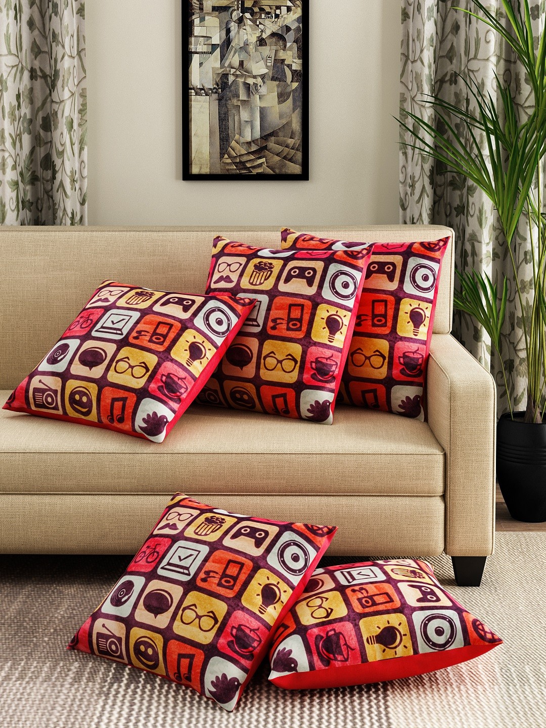 

ROMEE Red Set of 5 Cartoon Characters Square Cushion Covers