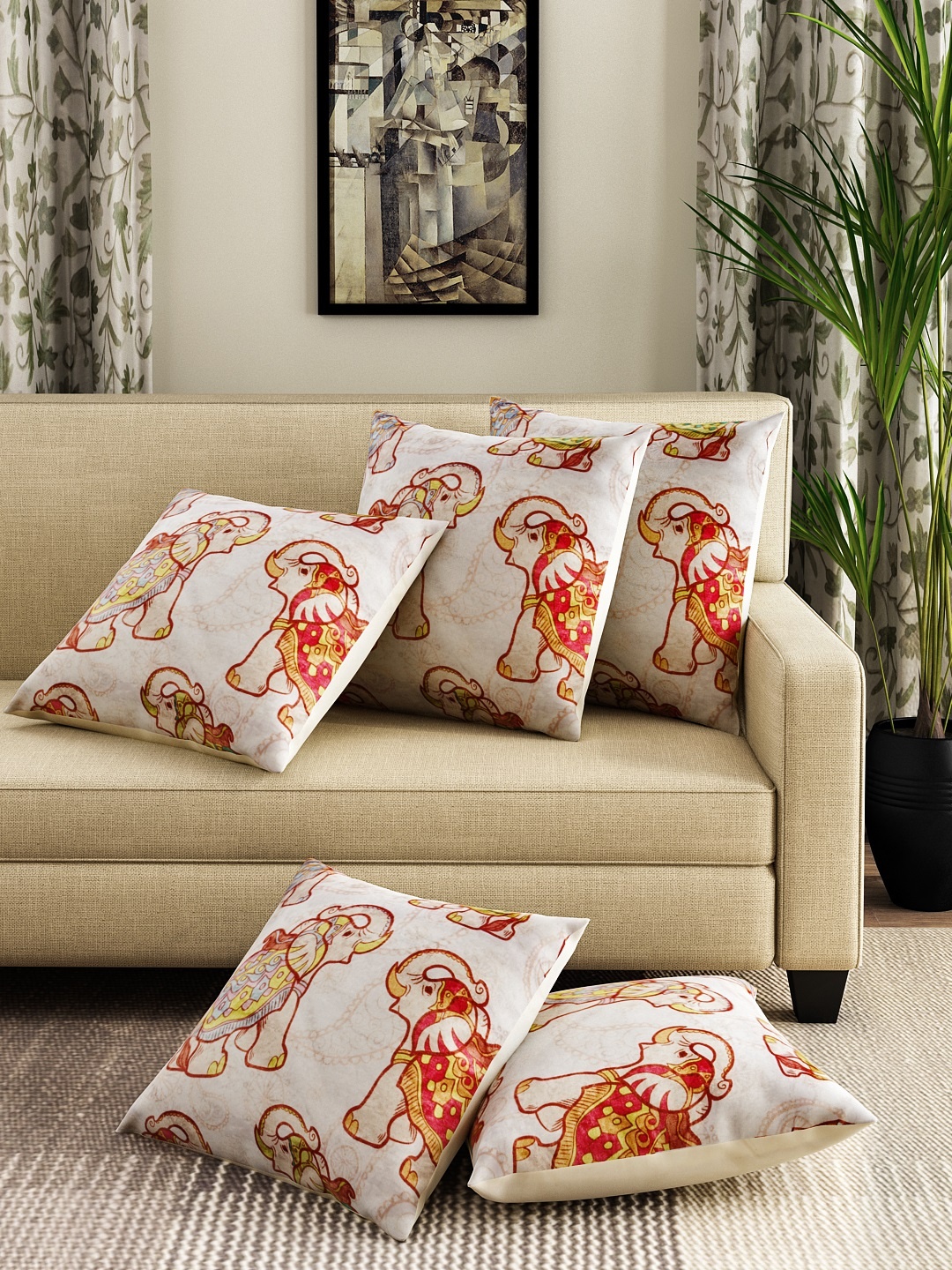 

ROMEE Off-White Set of 5 Ethnic Motifs Square Cushion Covers