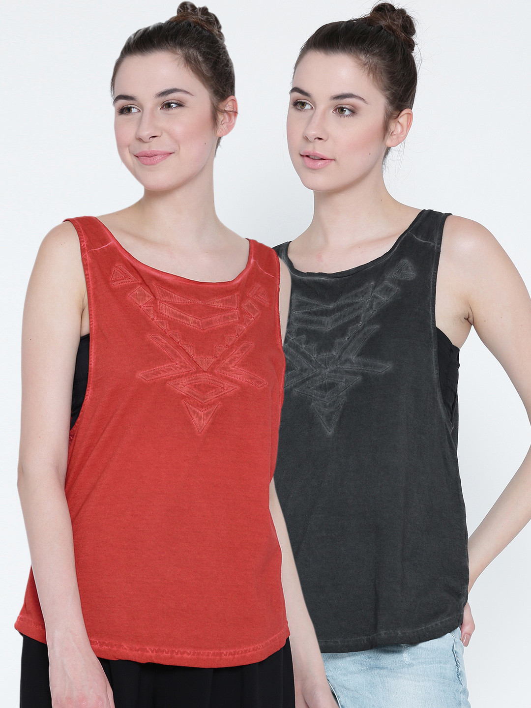 

Sera Women Pack of 2 Charcoal and Red Tank Top