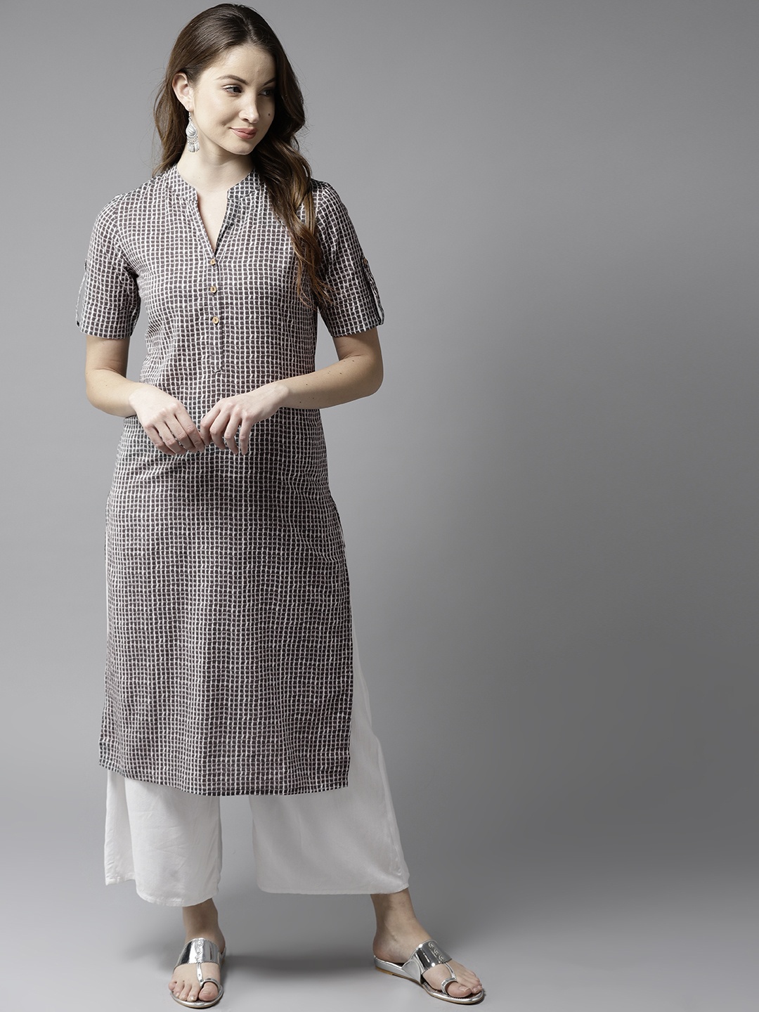 

HERE&NOW Women Grey & White Checked Straight Kurta