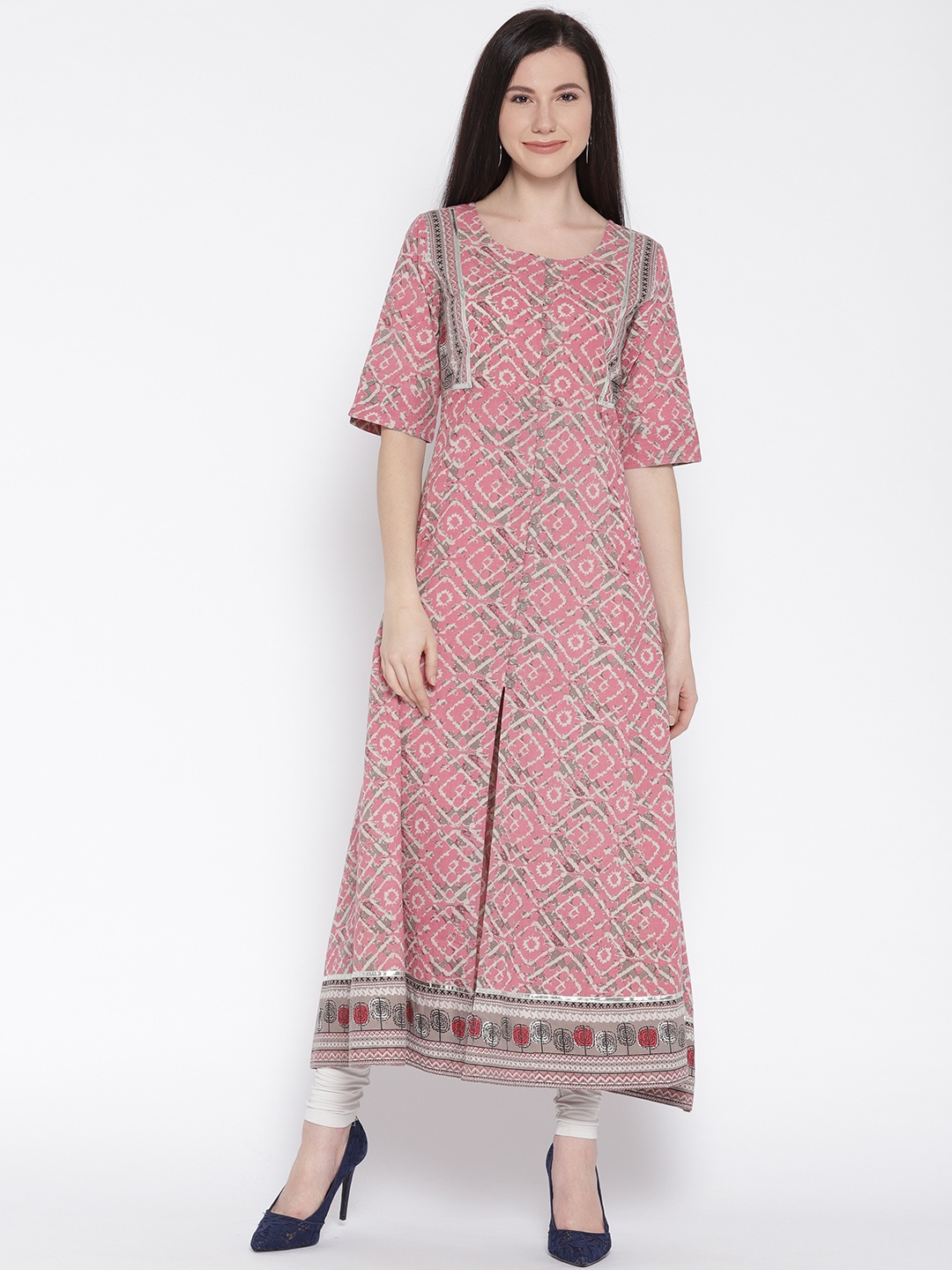 

Varanga Women Pink & Grey Screen Print Anarkali Kurta