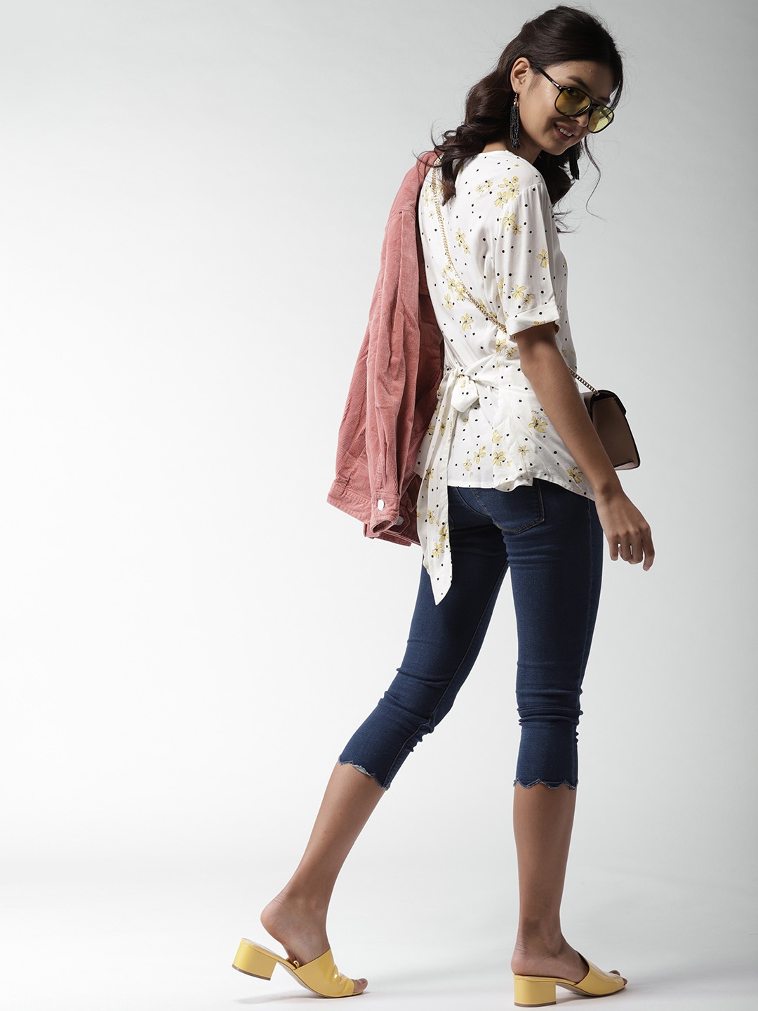 

Style Quotient Women White & Yellow Printed Belted Top