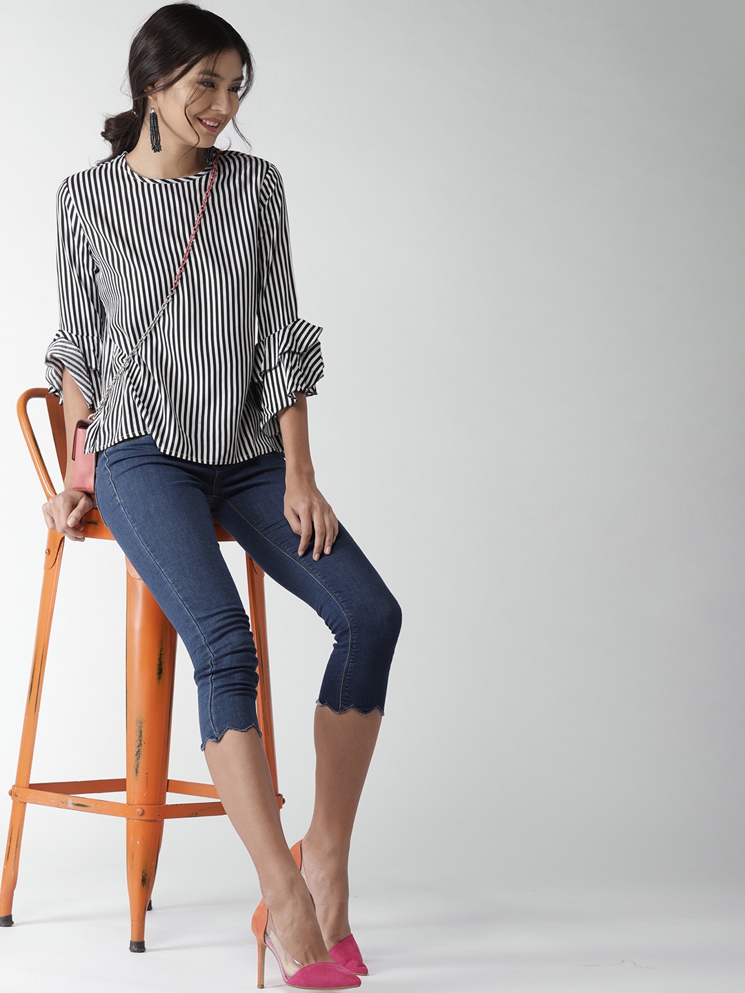 

Style Quotient Women Black & White Striped A-Line Top