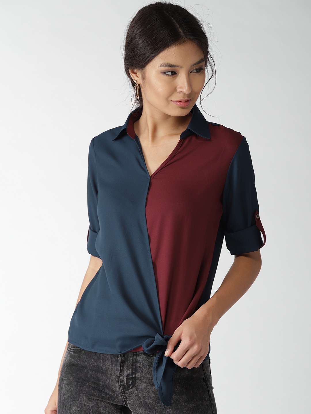 

Style Quotient Women Navy Blue & Burgundy Colourblocked Wrap Top