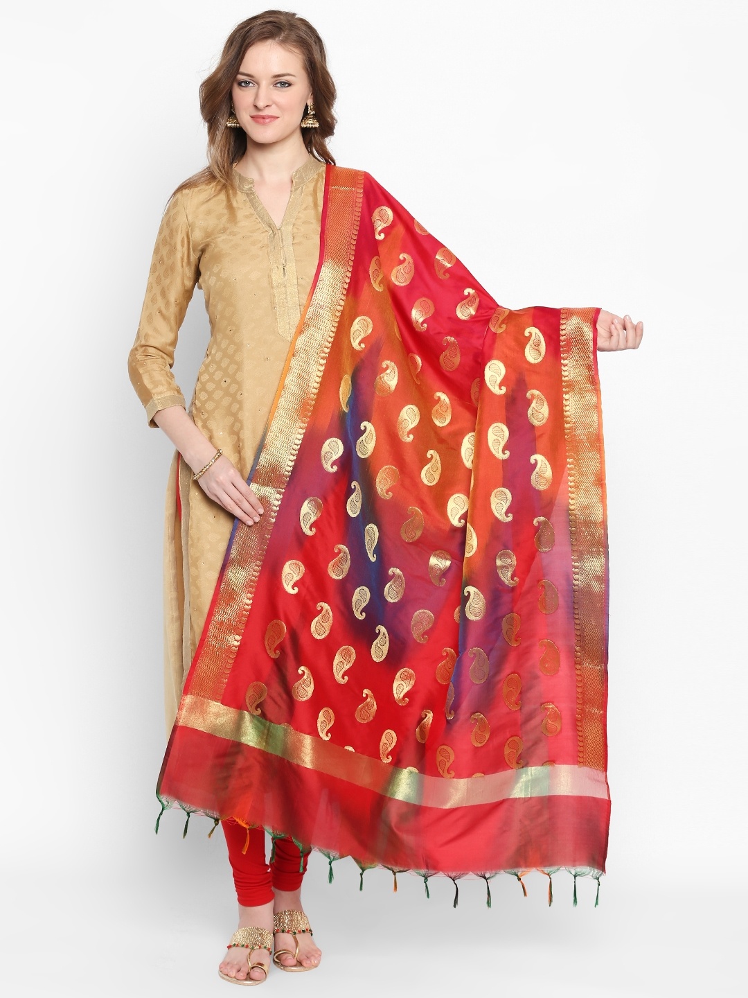 

Dupatta Bazaar Red & Orange Woven Design Dupatta