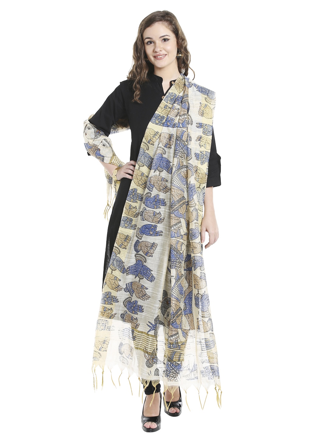 

Dupatta Bazaar Cream-Coloured & Blue Printed Dupatta