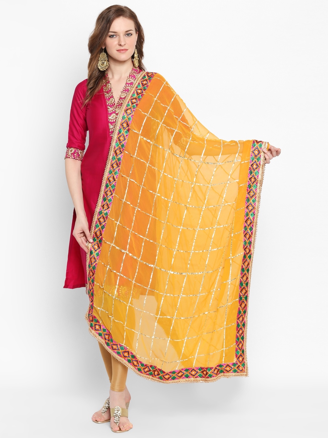 

Dupatta Bazaar Yellow & Gold-Toned Checked Dupatta