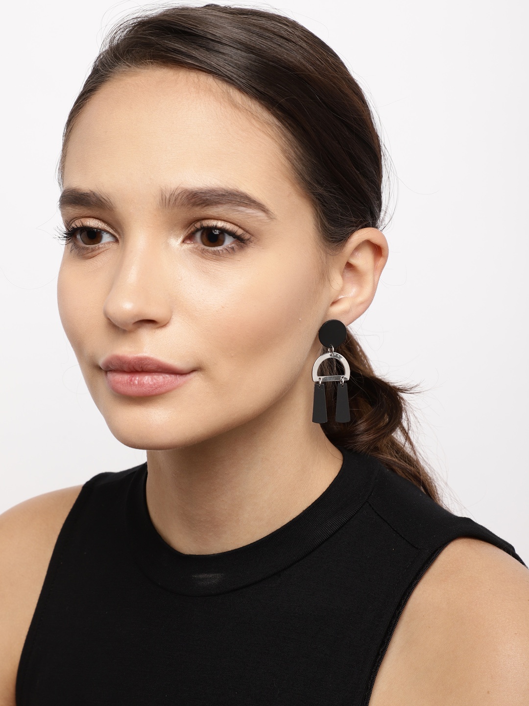 

Ayesha Silver-Toned Black Geometric Play Dangler Earrings