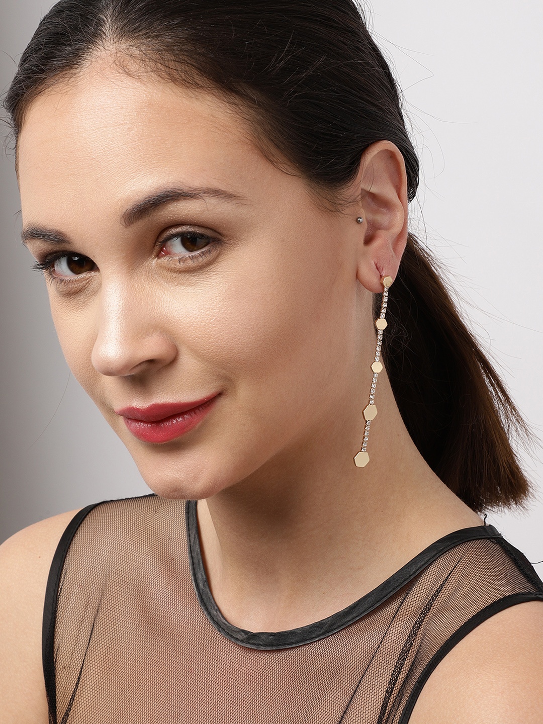 

Ayesha Gold-Toned Contemporary Diamante Hexagon Studded Drop Earrings