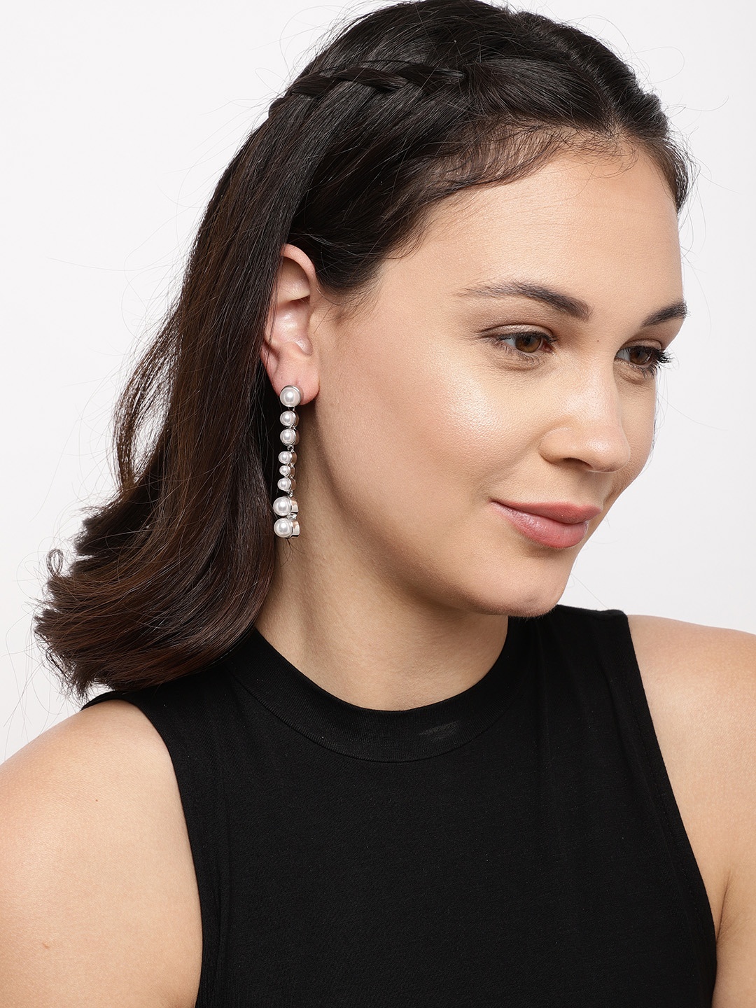 

Ayesha Silver-Toned Contemporary Pearl Long Drop Earrings