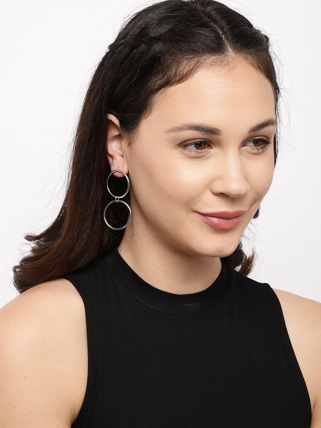 

Ayesha Silver-Toned Contemporary Circular Double Drop Earrings