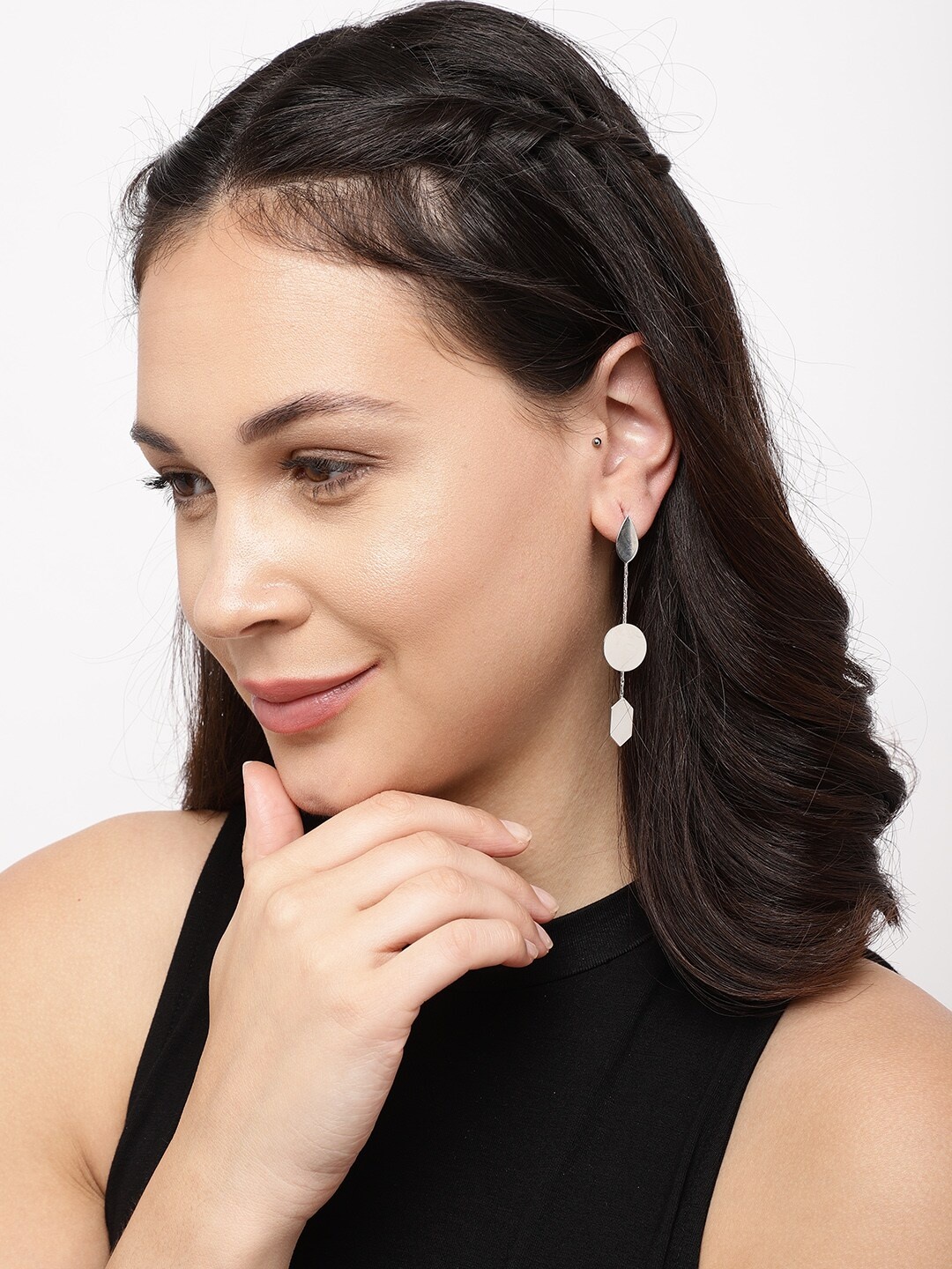 

Ayesha Silver-Toned Geometric Long Drop Earrings