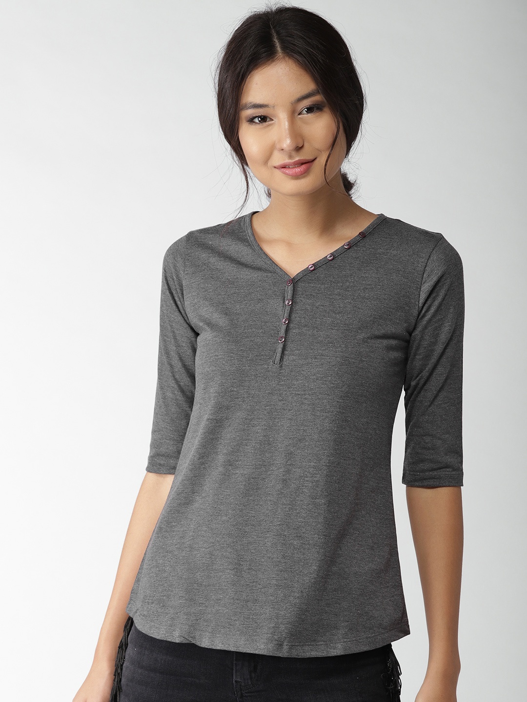 

Style Quotient Women Charcoal Grey Solid V-Neck T-shirt