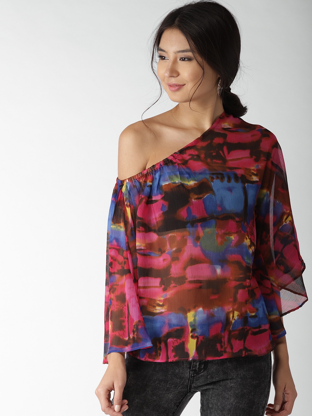 

Style Quotient Women Pink & Blue Printed Semi Sheer Cape Top