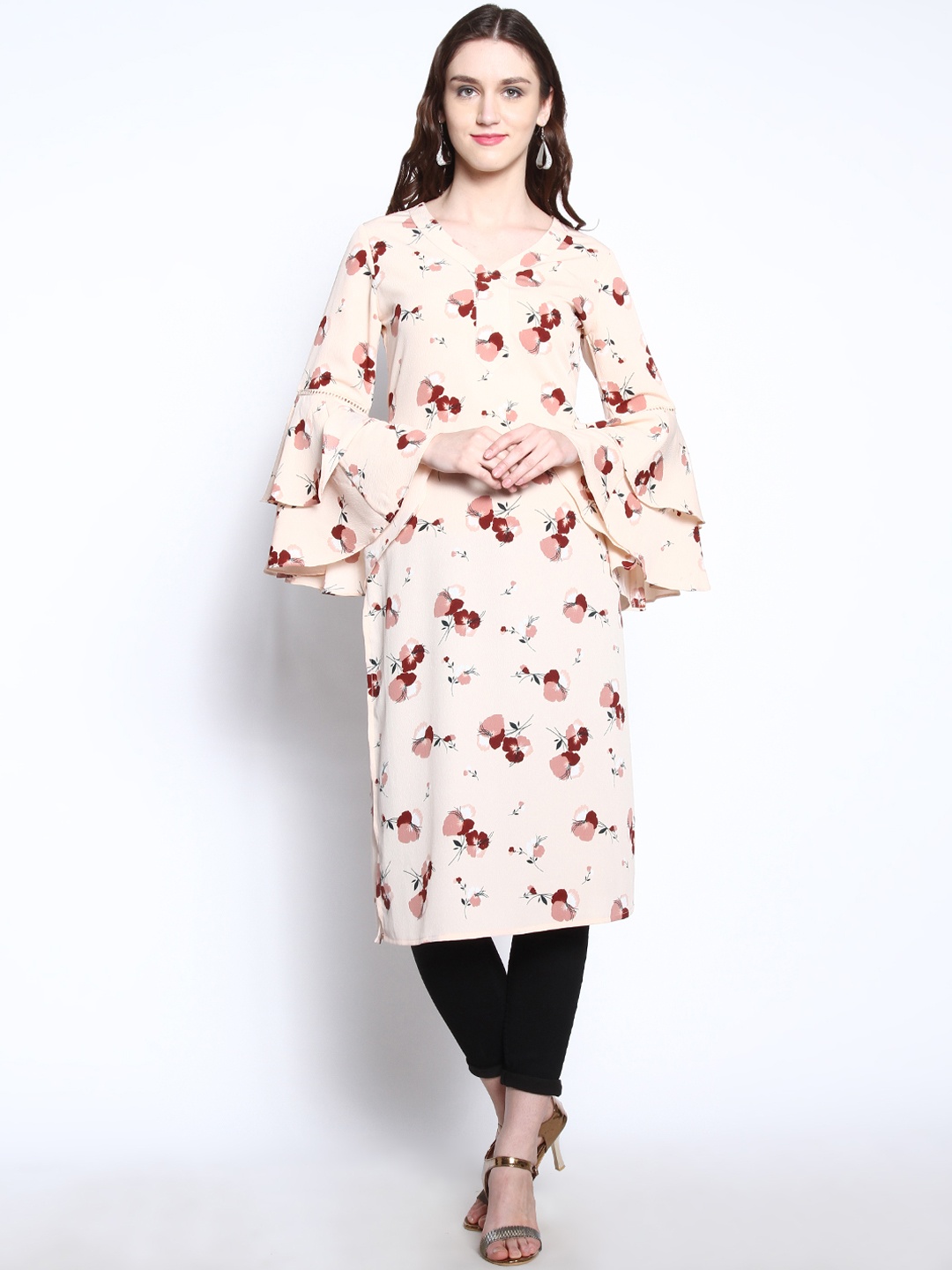 

RARE ROOTS Women Peach-Coloured Floral Printed Straight Kurta