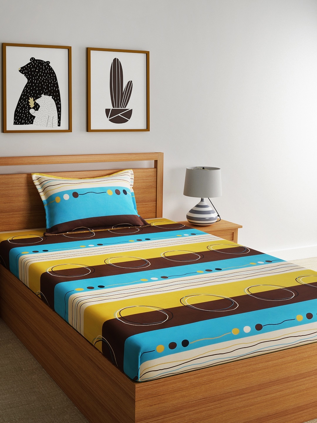 

Home Ecstasy Brown & Blue Printed Flat 140 TC Cotton 1 Queen Bedsheet with 1 Pillow Cover