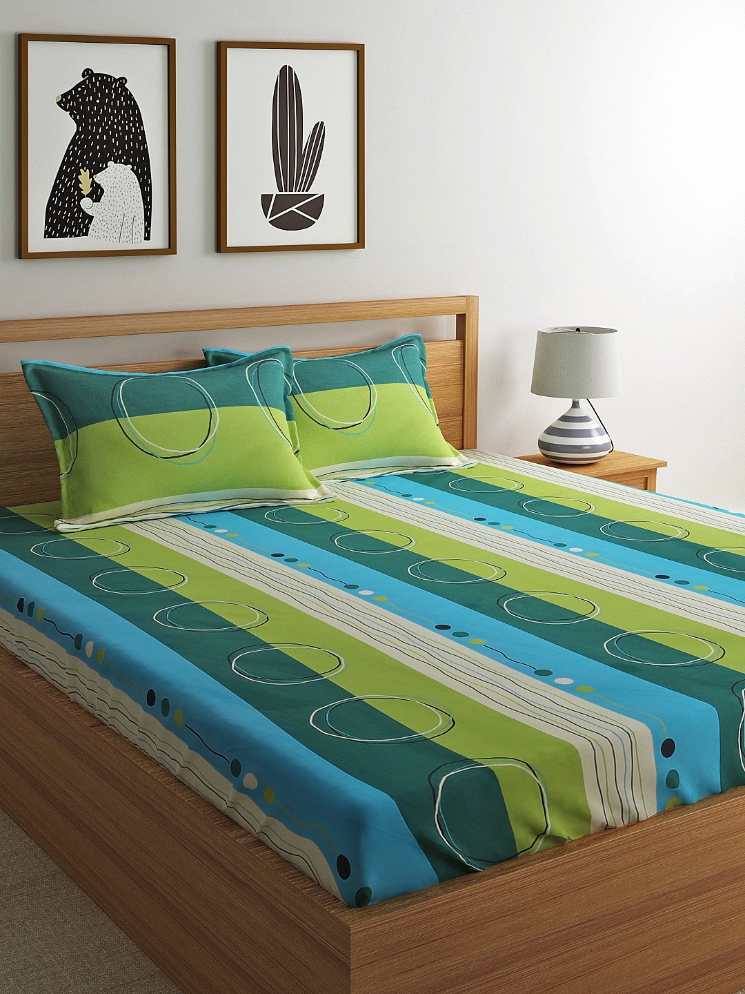

Home Ecstasy Green Striped Flat 140 TC Cotton 1 Queen Bedsheet with 2 Pillow Covers
