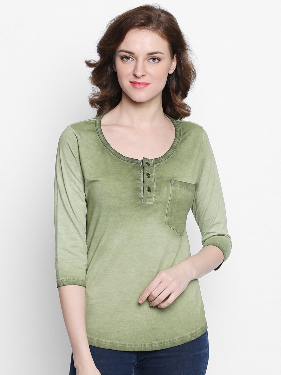 

The Dry State Women Green Dyed Henley Neck T-shirt
