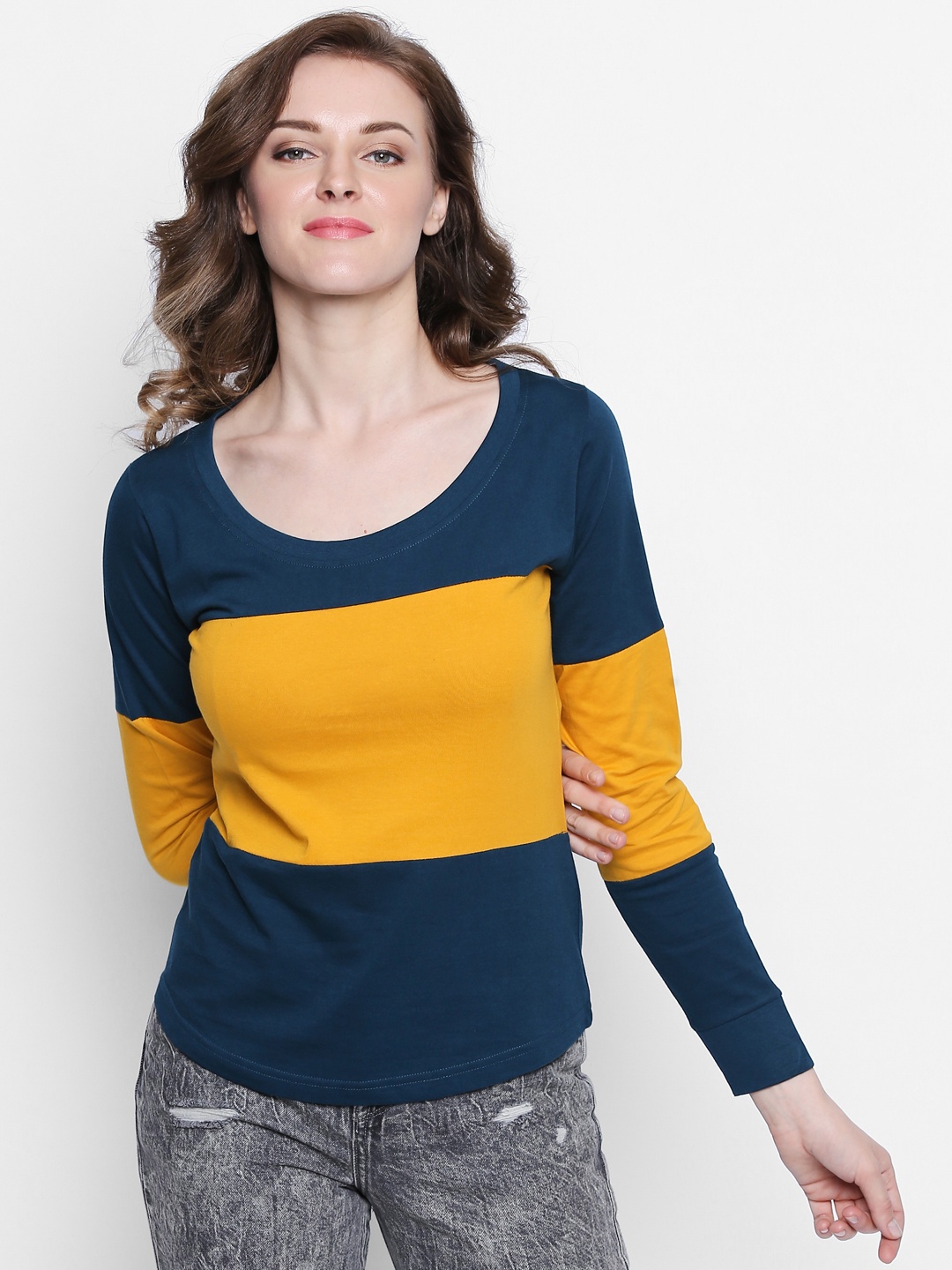 

The Dry State Women Mustard & Navy Blue Colourblocked Scoop Neck T-shirt