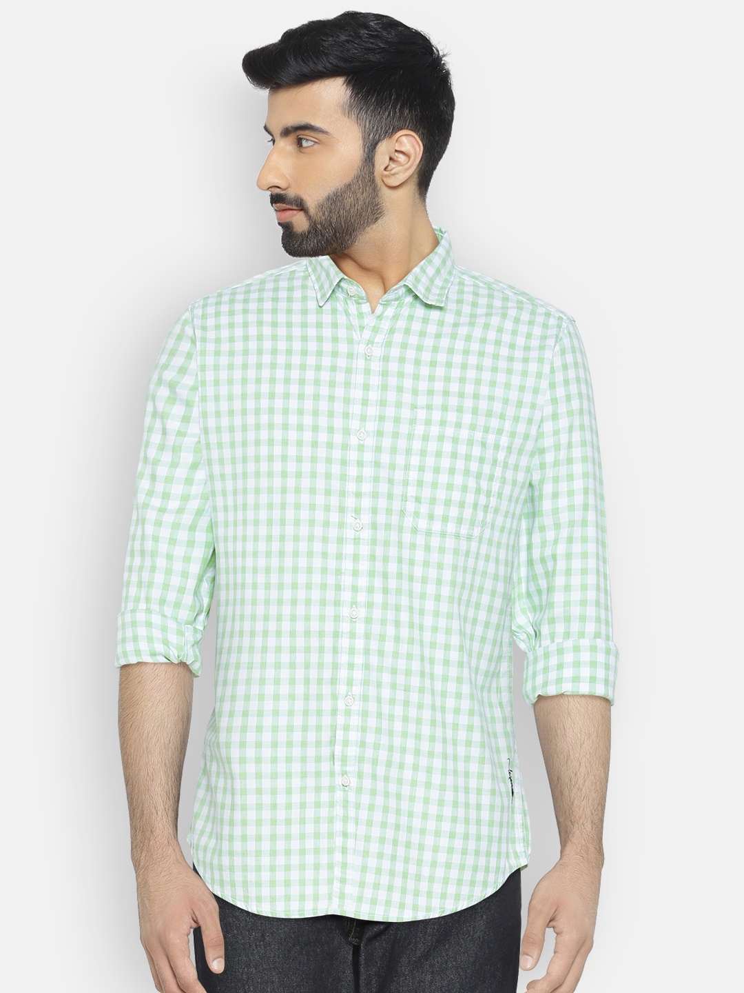 

LOCOMOTIVE Men Green & White Slim Fit Checked Casual Shirt