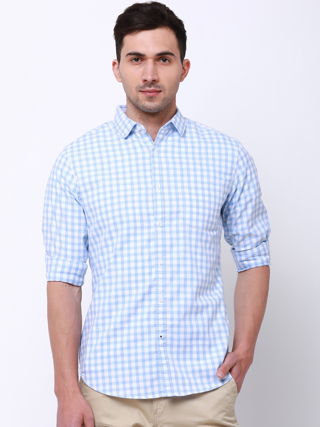 

LOCOMOTIVE Men White & Blue Slim Fit Checked Casual Shirt
