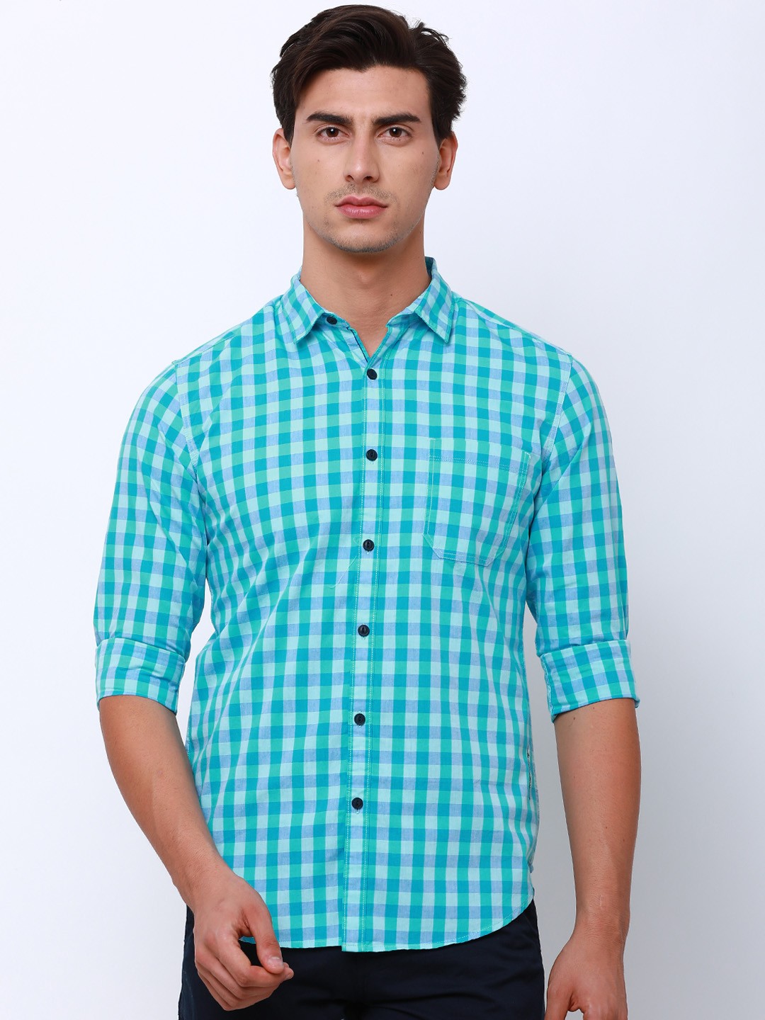 

LOCOMOTIVE Men Blue & Green Slim Fit Checked Casual Shirt