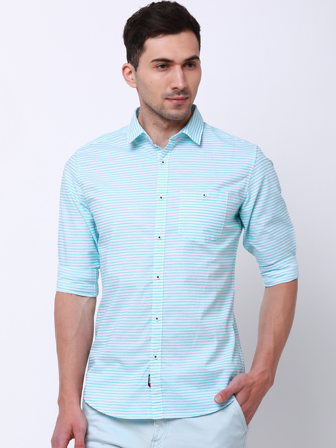 

LOCOMOTIVE Men Sea Green Slim Fit Striped Casual Shirt