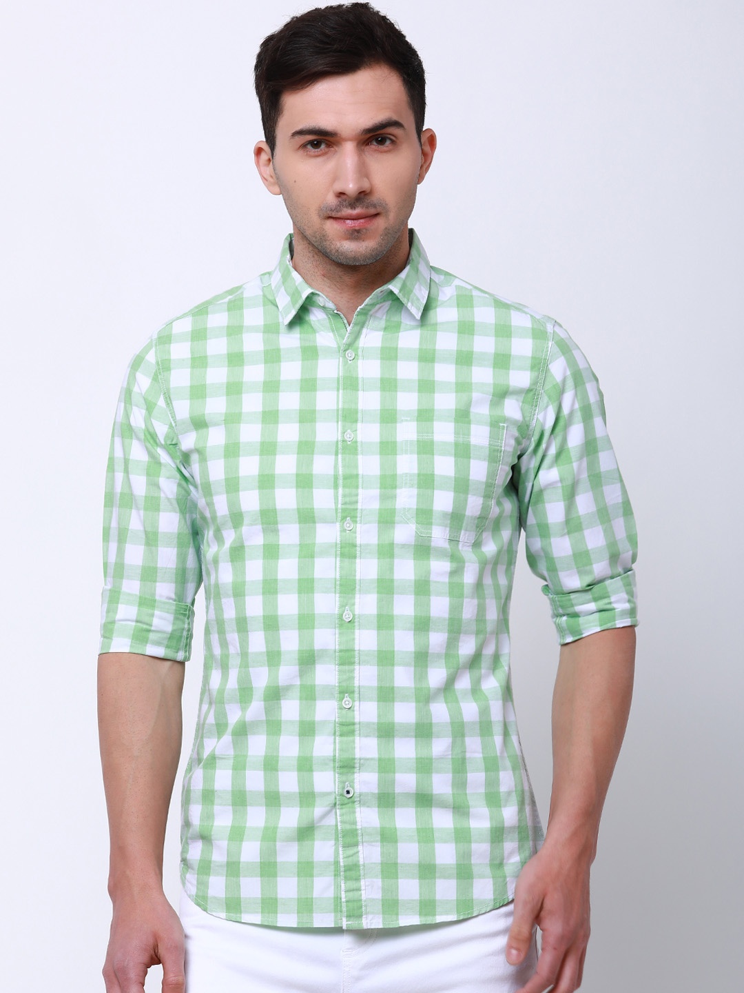 

LOCOMOTIVE Men Green Slim Fit Checked Casual Shirt