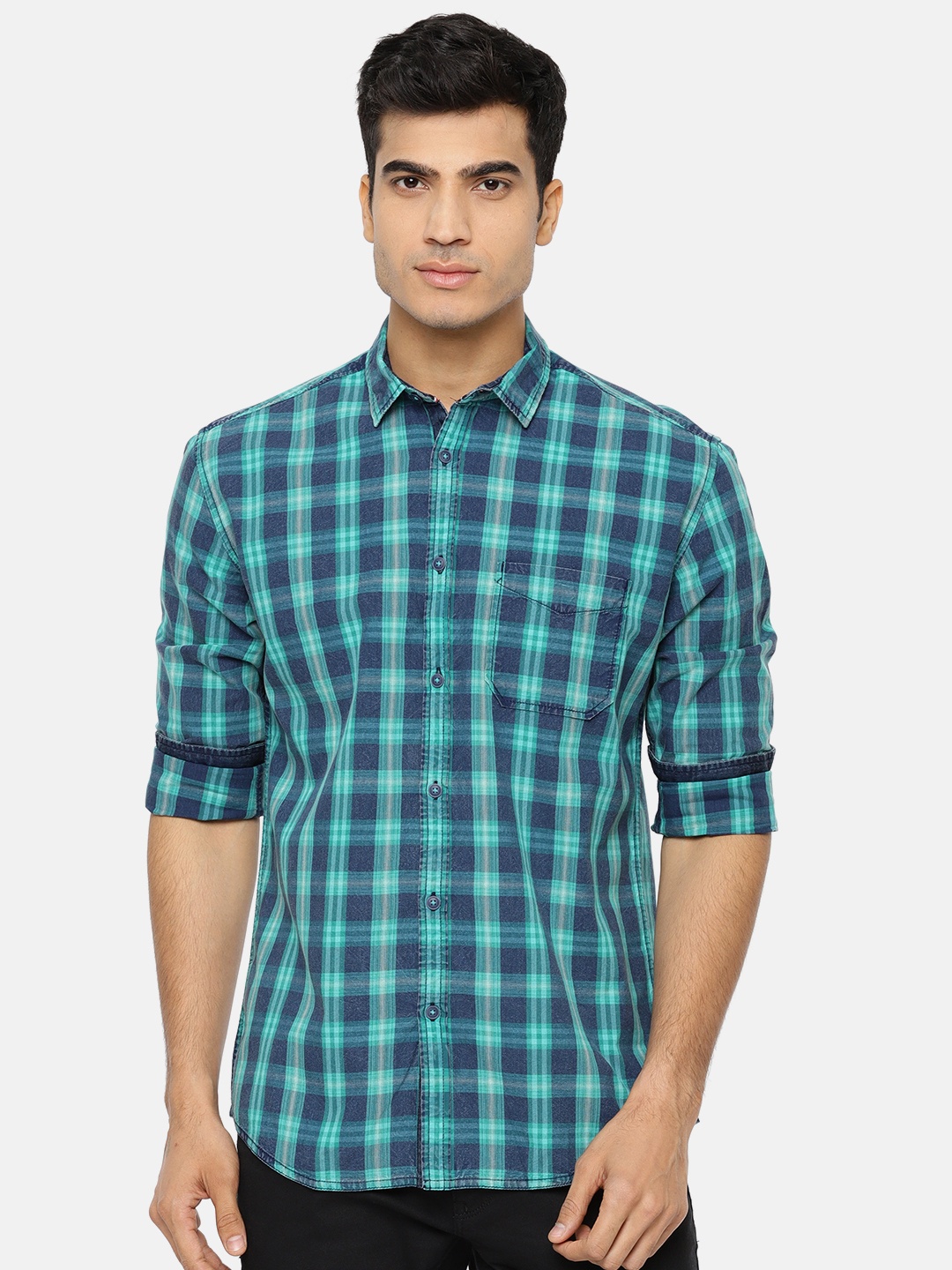 

Nature Casuals Men Green & Blue Slim Fit Checked Casual Shirt