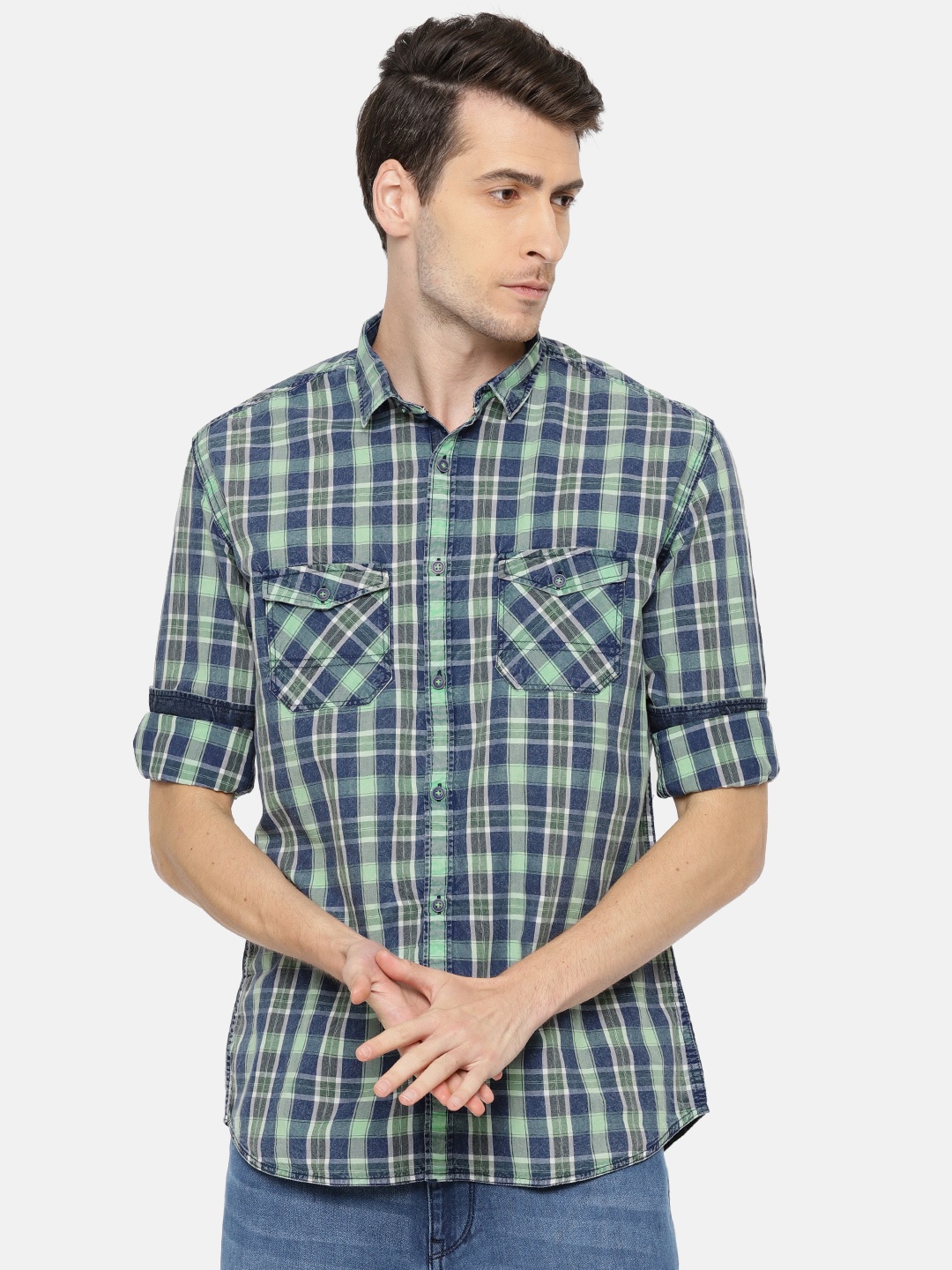 

Nature Casuals Men Green & Blue Slim Fit Checked Casual Shirt