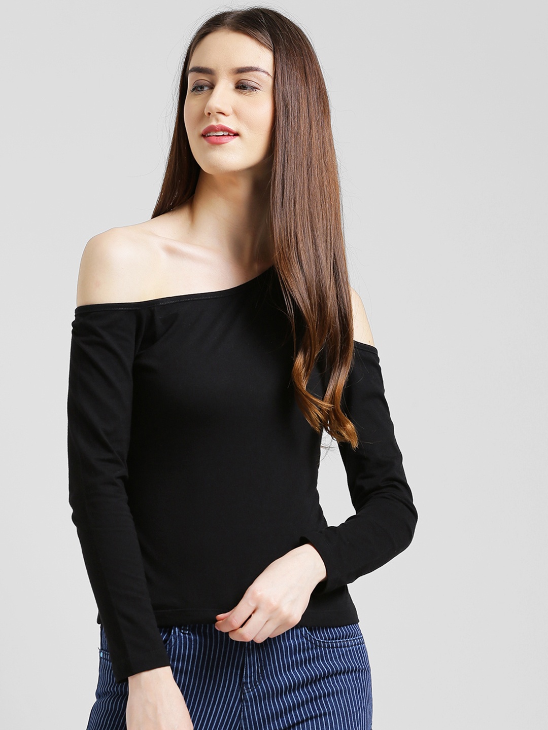 

Texco Women Black Solid One Shoulder Pure Cotton Top