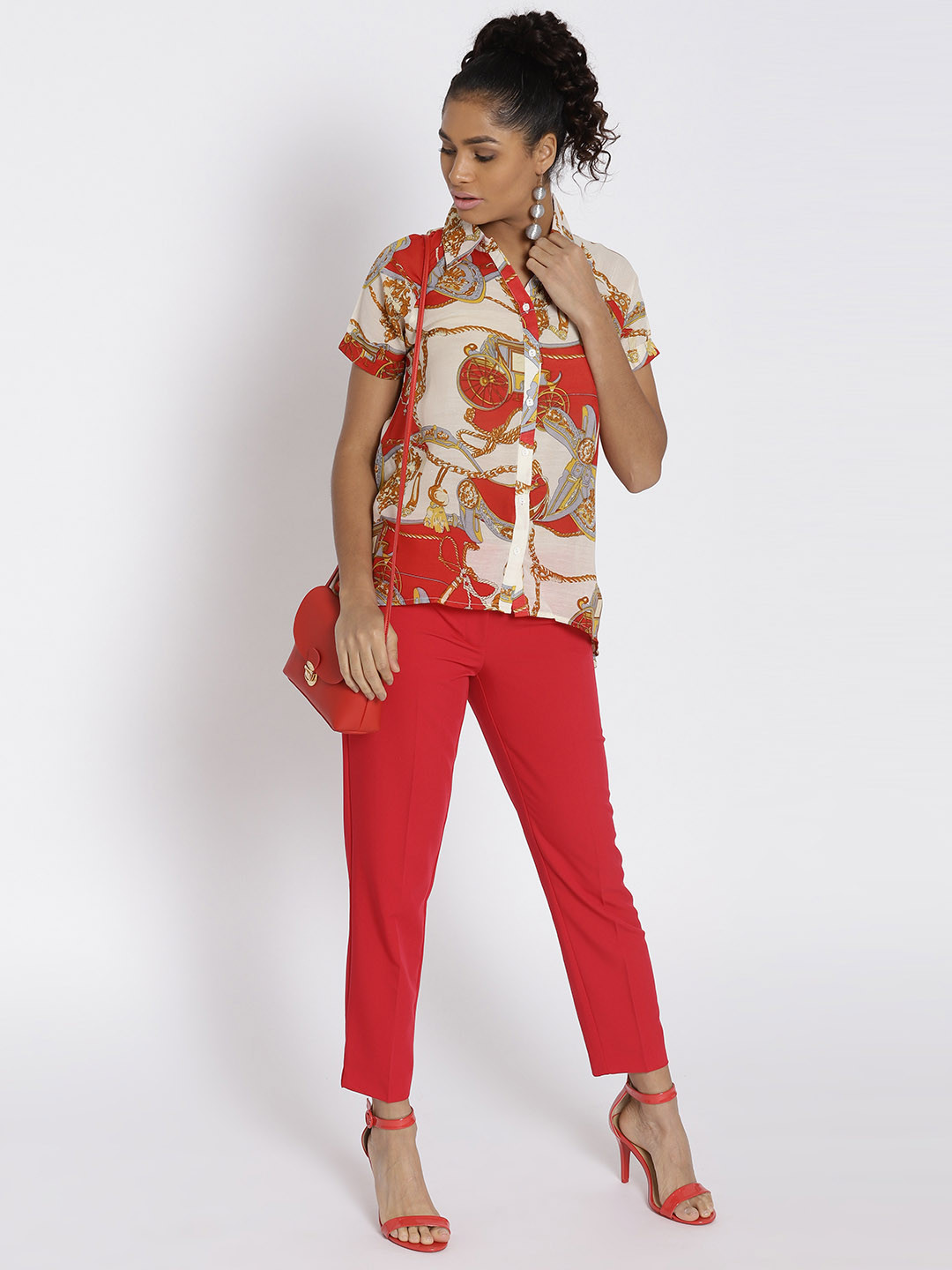 

Noi Women Red & Cream-Coloured Printed Semi-Sheer Casual Shirt
