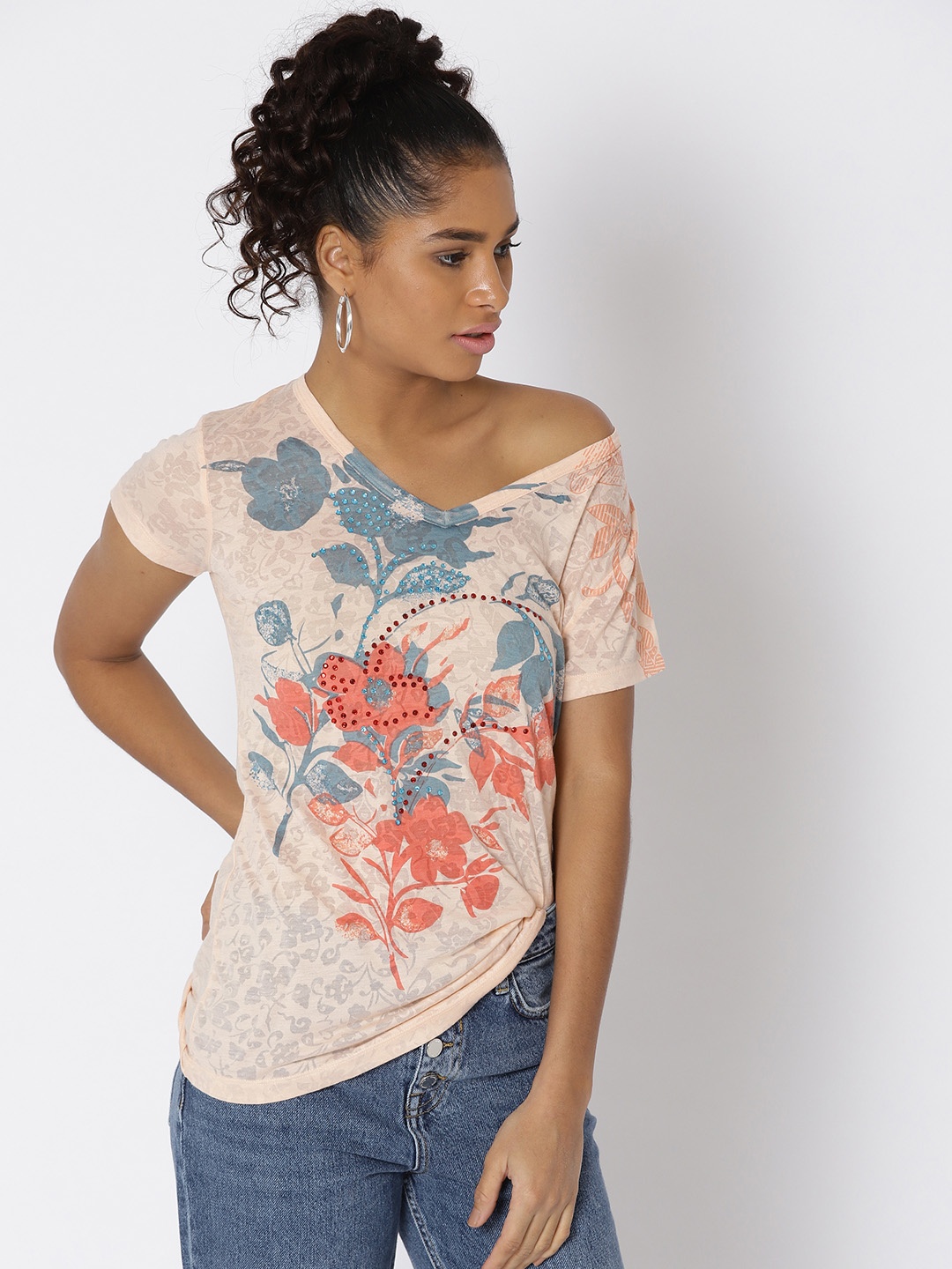 

Noi Women Peach-Coloured & Teal Blue Printed Burnout Effect Top