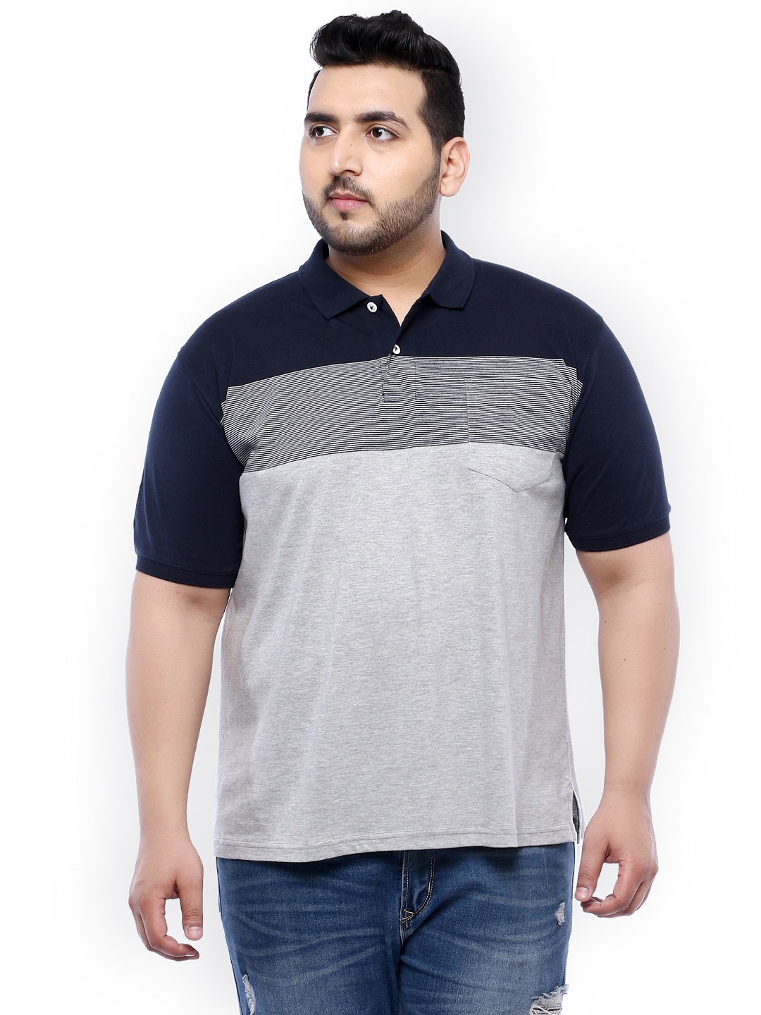 

John Pride Plus Size Men Grey Colourblocked Polo Collar T-shirt