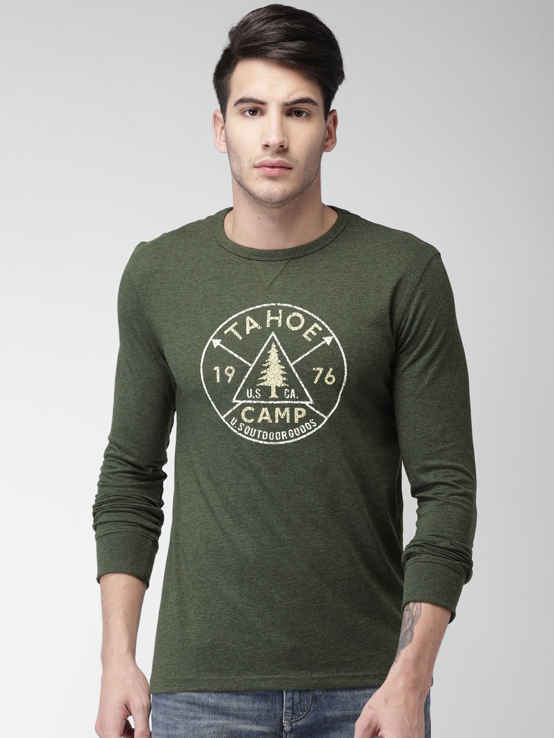 

Celio Men Olive Green Slim Fit Printed Round Neck T-shirt