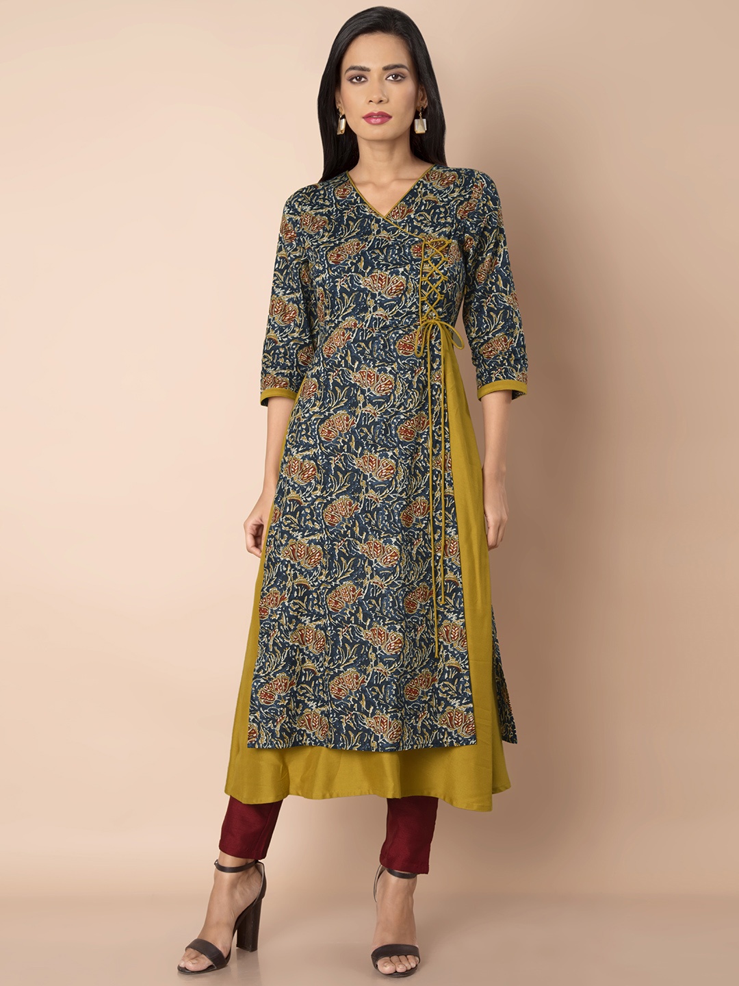

INDYA Women Mustard & Teal Printed Layered Kurta