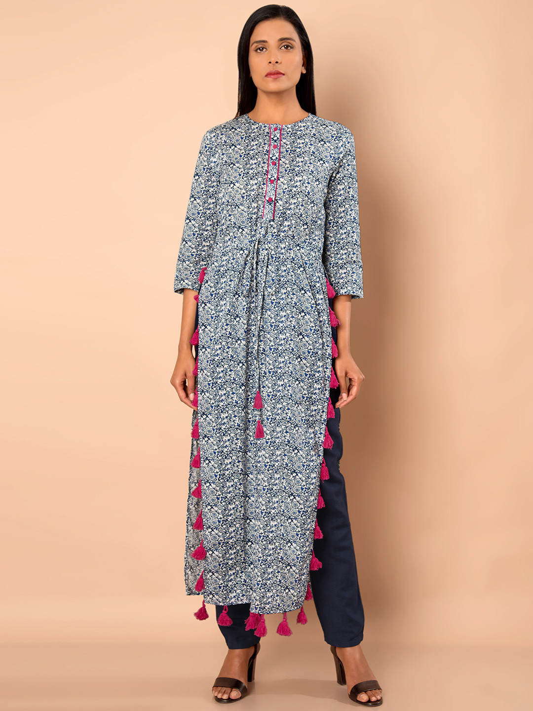 

INDYA Women Blue Printed Straight Kurta